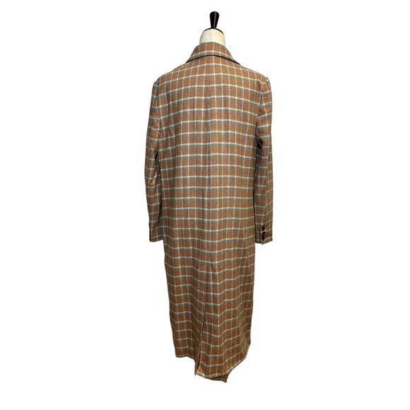 Something Navy Camel Plaid Long Coat – Check Wool Blend Single Button Overcoat, - Picture 8 of 9